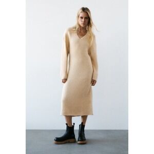 ZARA Alpaca Knit Midi Dress Light Tan Sand Coastal Blogger Favorite Medium